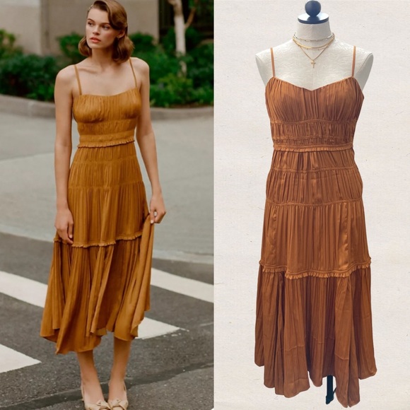 Anthropologie Ruched Slip Dress Molten Bronze Maxi Midi Satin Silk US 2/UK 6 - Picture 2 of 8